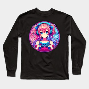 Pink neon bright gamer girl Long Sleeve T-Shirt